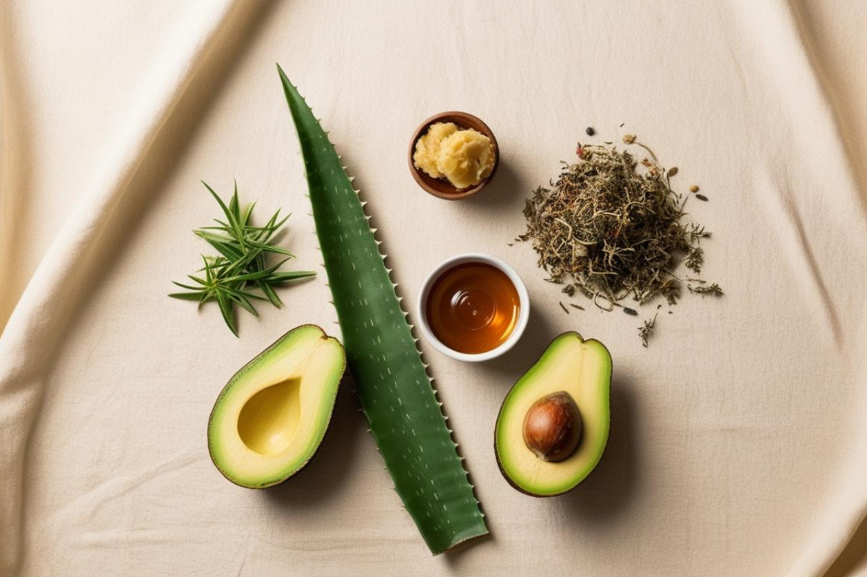 Flat lay of aloe vera, avocado, honey, and Ayurvedic herbs on a neutral background, representing top natural hair care ingredients for moisture, strength, and growth.