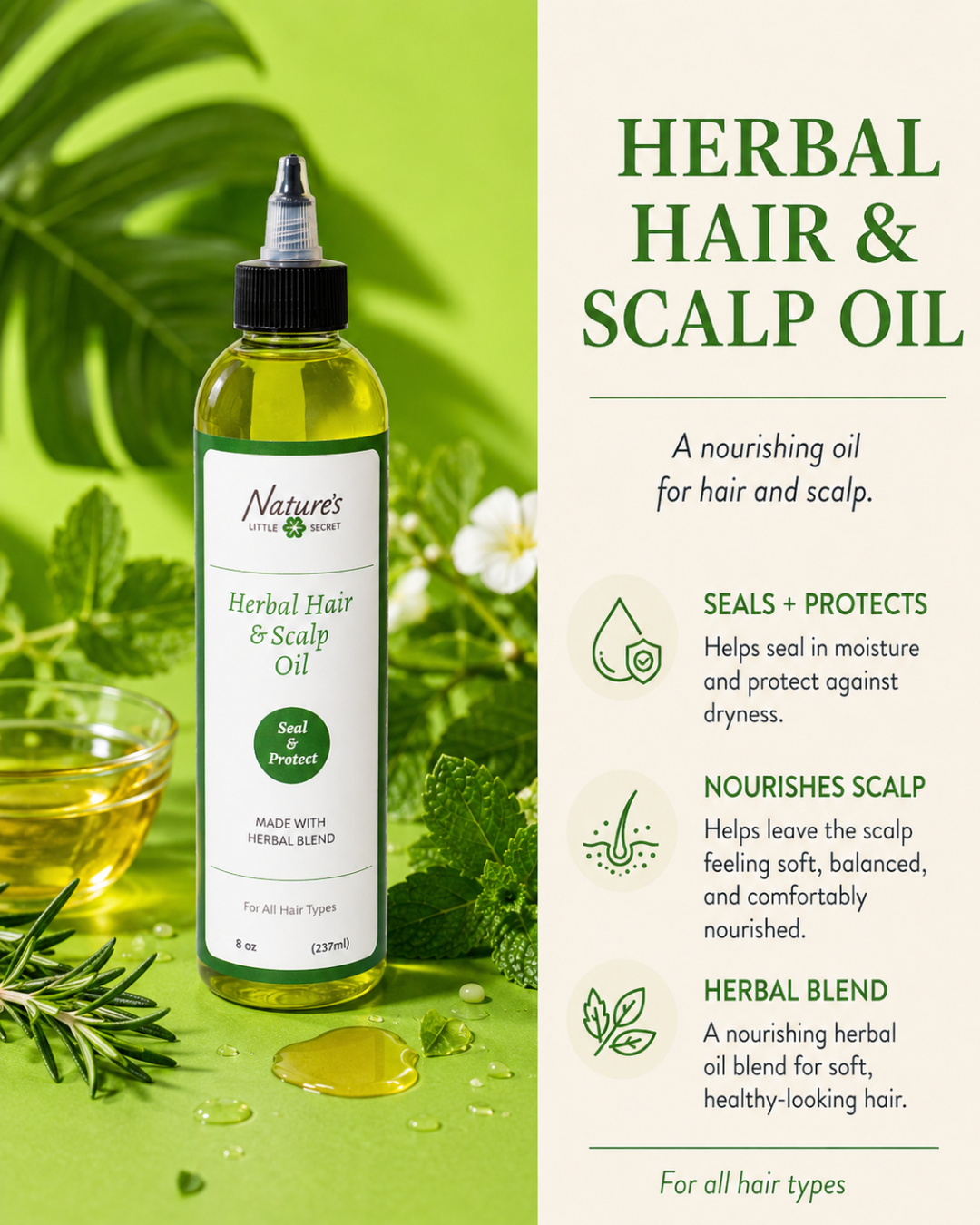 Herbal Hair & Scalp Oil with herbs, oil droplets, and green botanical styling, highlighting scalp nourishment and moisture sealing for all hair types.