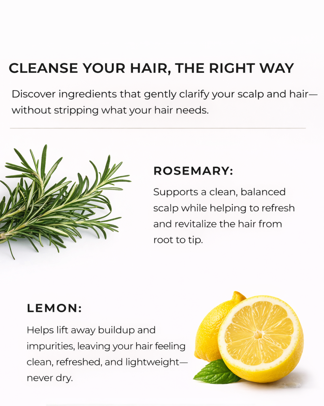 Advertisement for hair care with rosemary and lemon on a white background